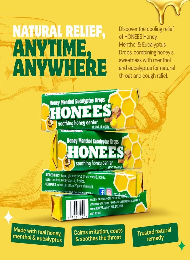 Honees Filled Menthol Cough Drops, Honey, Menthol & Eucalyptus Cough Drops- Natural Sore Throat Relief - Nothing Artificial -Throat Lozenges, Non-GMO (24 Pack –216 Drops) - Image 2